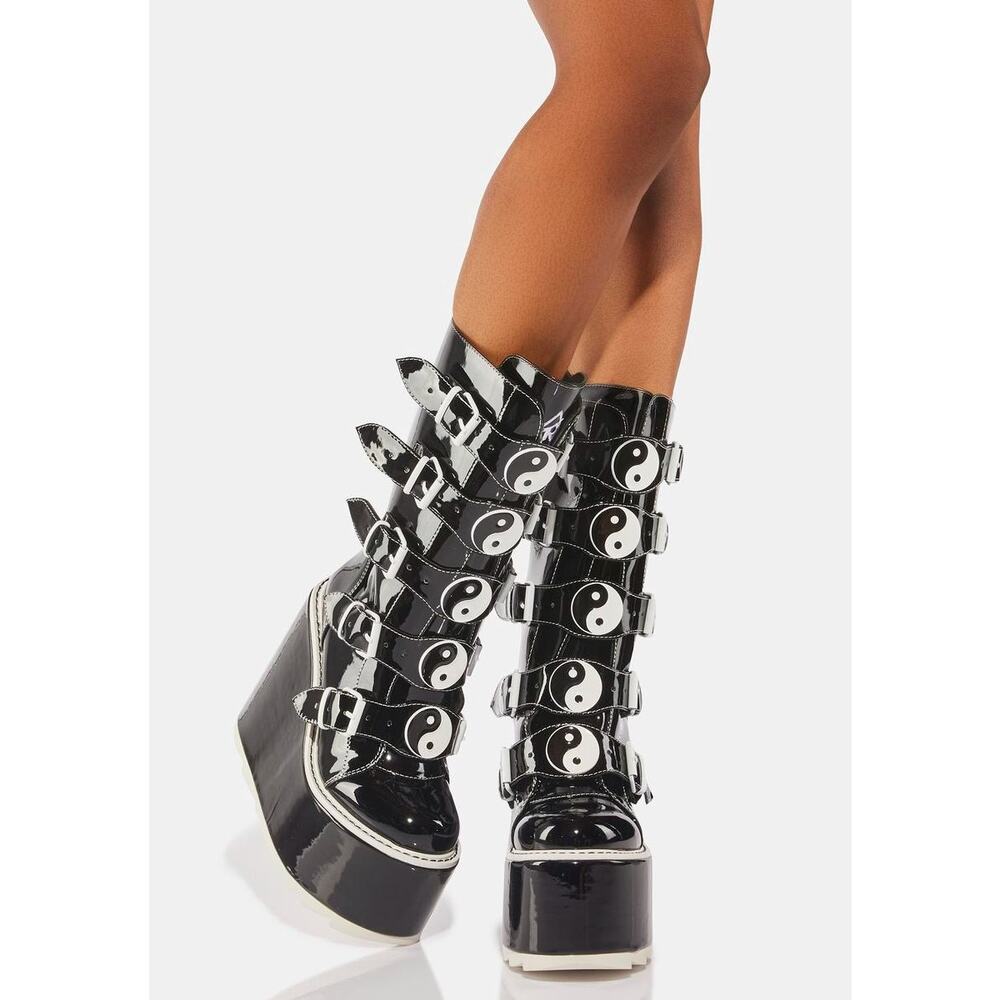 YRU Dune Yin Yang Vegan Patent Leather Wedge Platform Boots 6